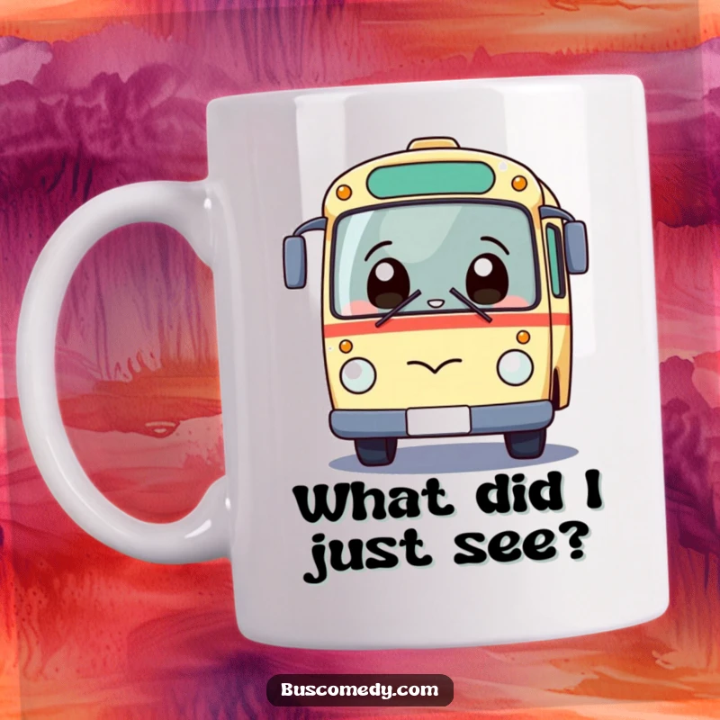 Funny Kawaii Bus Mug featuring a giggling bus character with wide eyes and a surprised expression, looking upwards playfully.