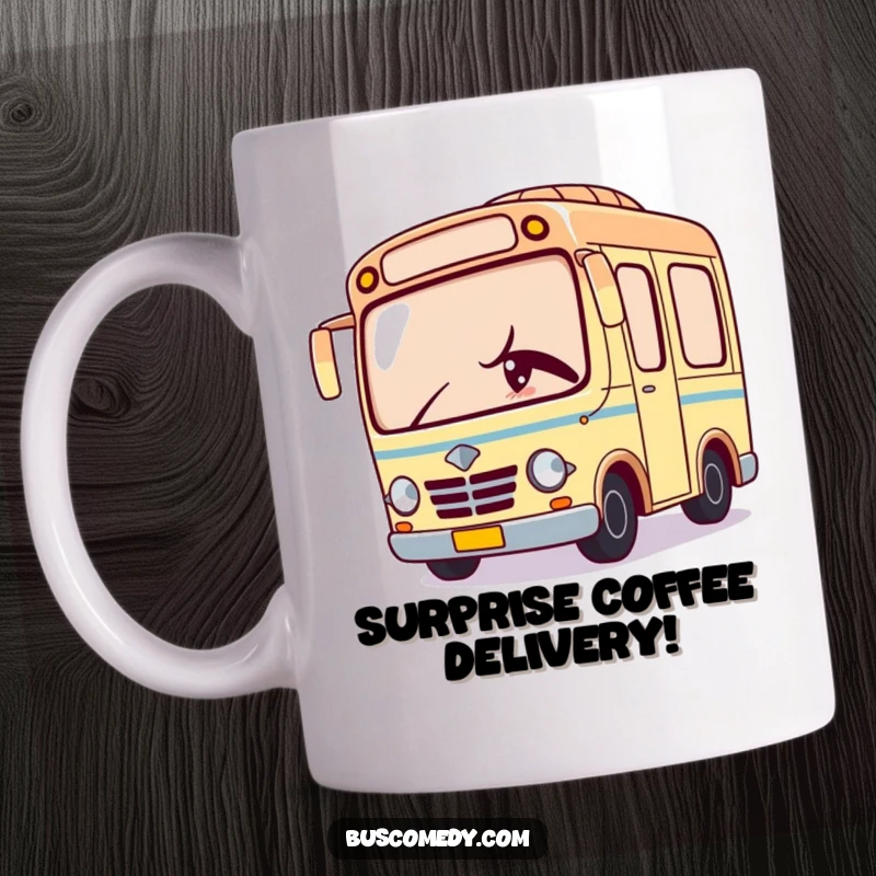 Funny Kawaii bus mug featuring a sly character peeking around a corner and giving a mischievous wink.
