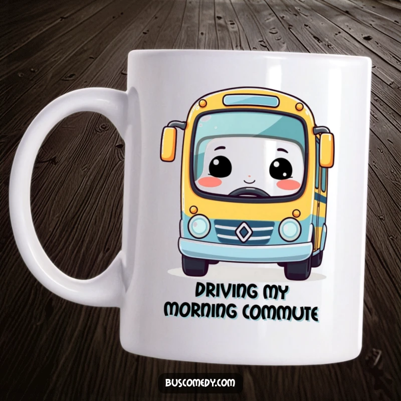 Funny Kawaii Bus character with a huge smile, joyfully driving a miniature race car, embodying playful speed and excitement.