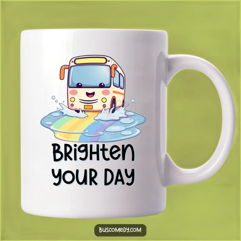 Funny Kawaii Bus Rainbow Puddle Mug: Playful Splashing, Joyful Gift
