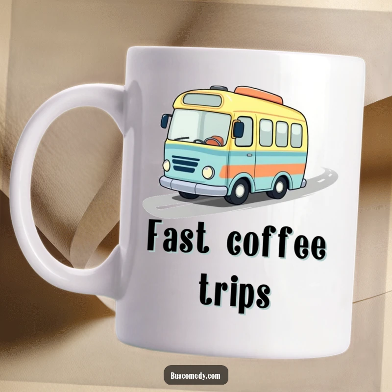 Funny bus mug depicting a little bus with a jaunty hat speeding along a wavy road, symbolizing energetic travel and fun.