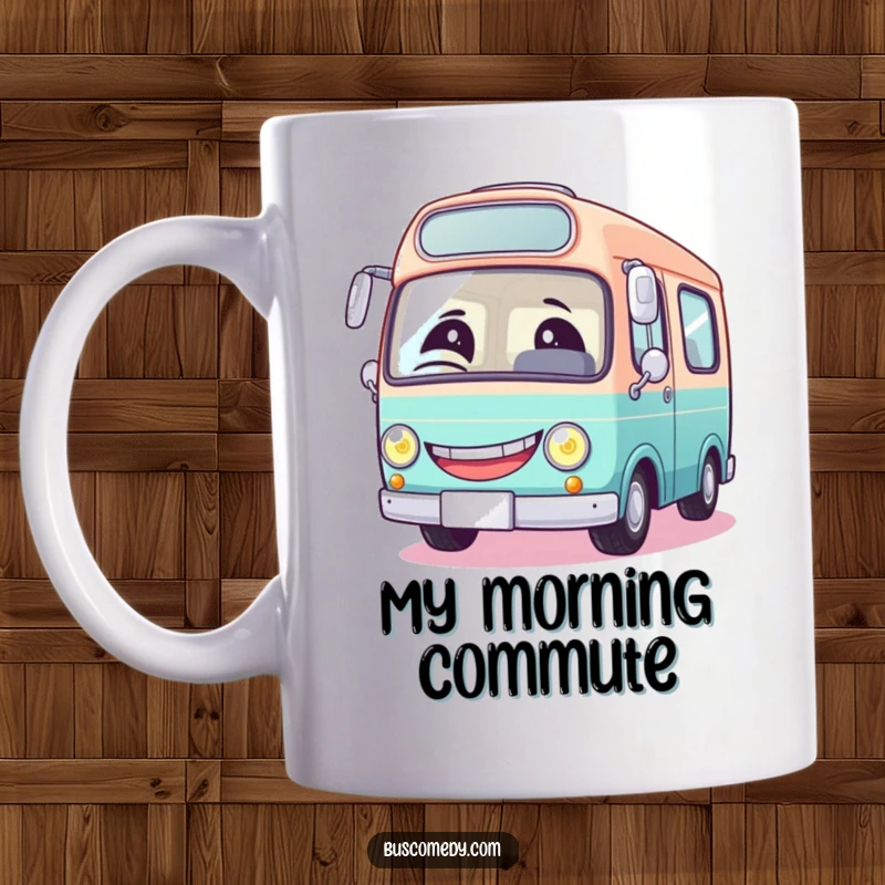 Funny round bus mug with a giant grin and a winking headlight, conveying pure, cheeky automotive joy and humor.