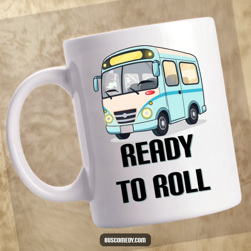 Funny happy bus mug character winking with bright headlights, spreading joy and cheer, perfect for a morning coffee.