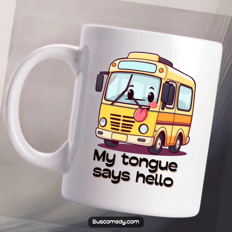 Funny bus mug with a character sticking its tongue out like a banner, expressing playful mischief and silliness.