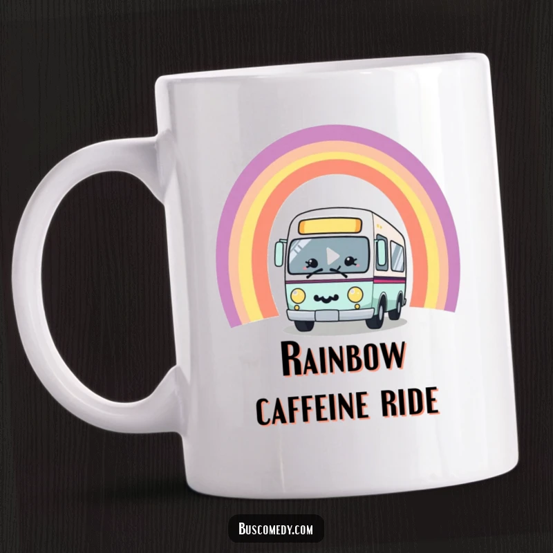 Funny kawaii bus character with a big smile, joyfully driving through a vibrant rainbow arch, featured on a cheerful mug.