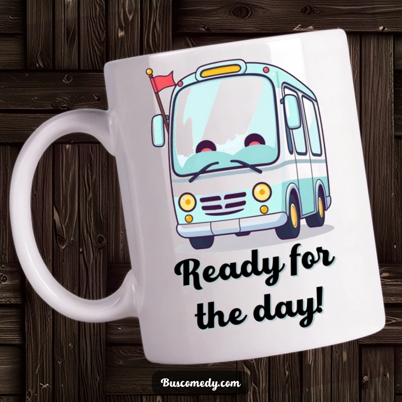 Funny Kawaii bus mug, a cheerful bus character grinning and waving a tiny flag, ready for adventure.