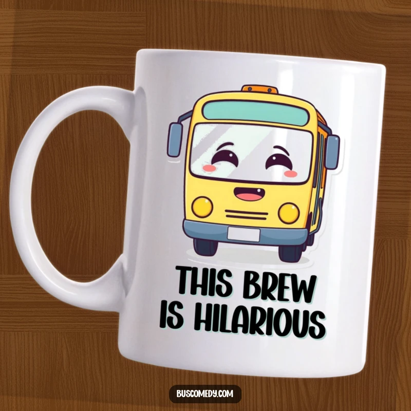 Funny mug featuring a surprised bus character with its windshield completely fogged up from uncontrollable laughter. This vehicle is in stitches.