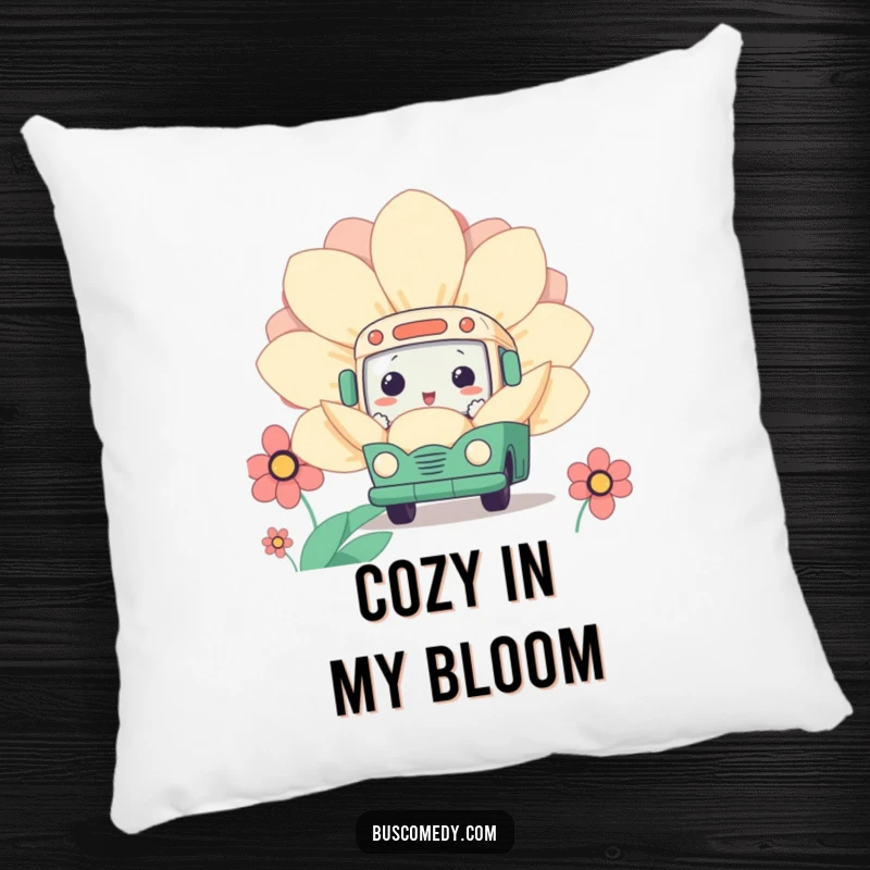 Funny Kawaii Bus Flower Pillow featuring a cute bus character curiously peeking out from behind a giant flower, soft and huggable.