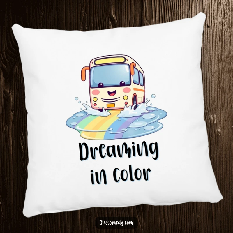 Funny kawaii bus pillow, character playfully splashing through a colorful rainbow puddle, soft and enchanting decoration.