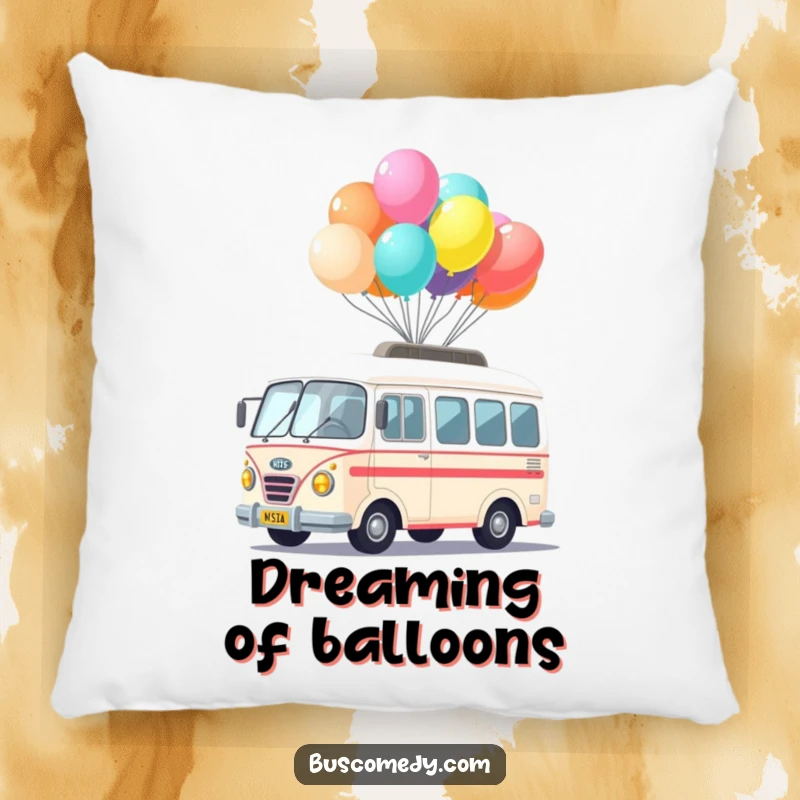 Funny Kawaii Bus Balloon Pillow featuring a cute bus character balancing colorful balloons on its roof, soft and huggable.