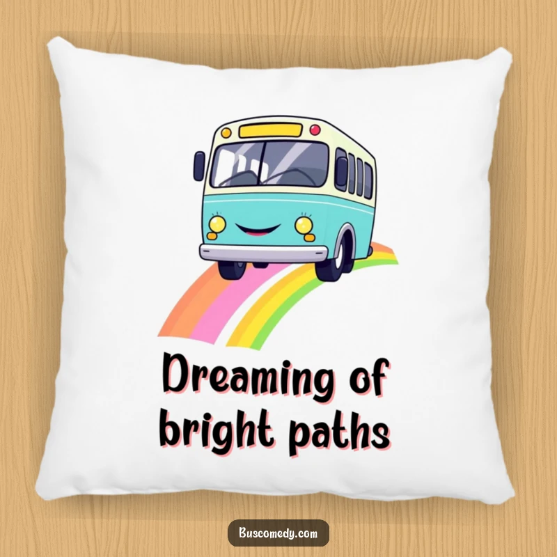 Funny decorative pillow featuring a smiling bus driving across a cheerful rainbow, adding comfort and color.