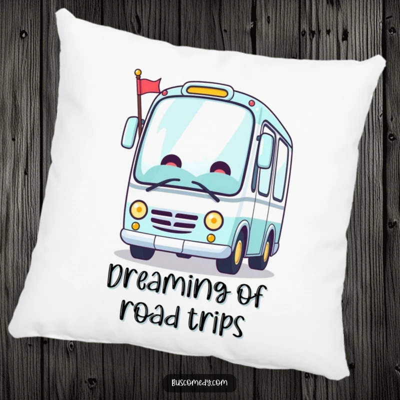 Funny Kawaii bus pillow, a happy bus character waving a flag, perfect for cozying up.