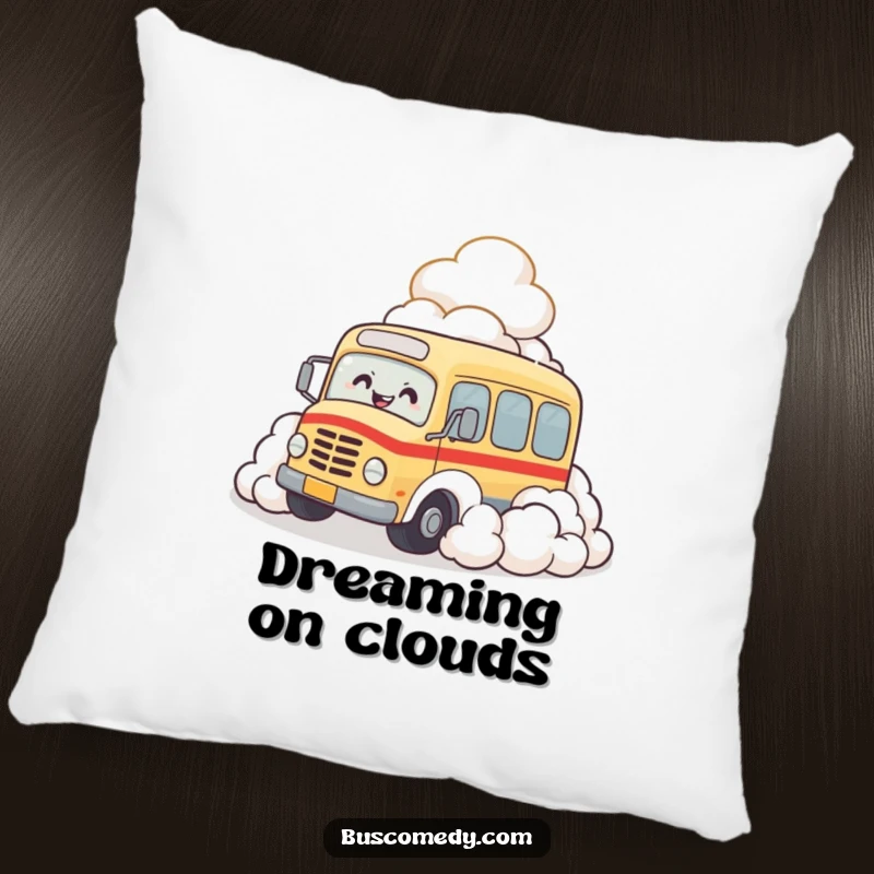Funny pillow showcasing a bus character happily giggling as it rolls into a big stack of soft, white clouds.