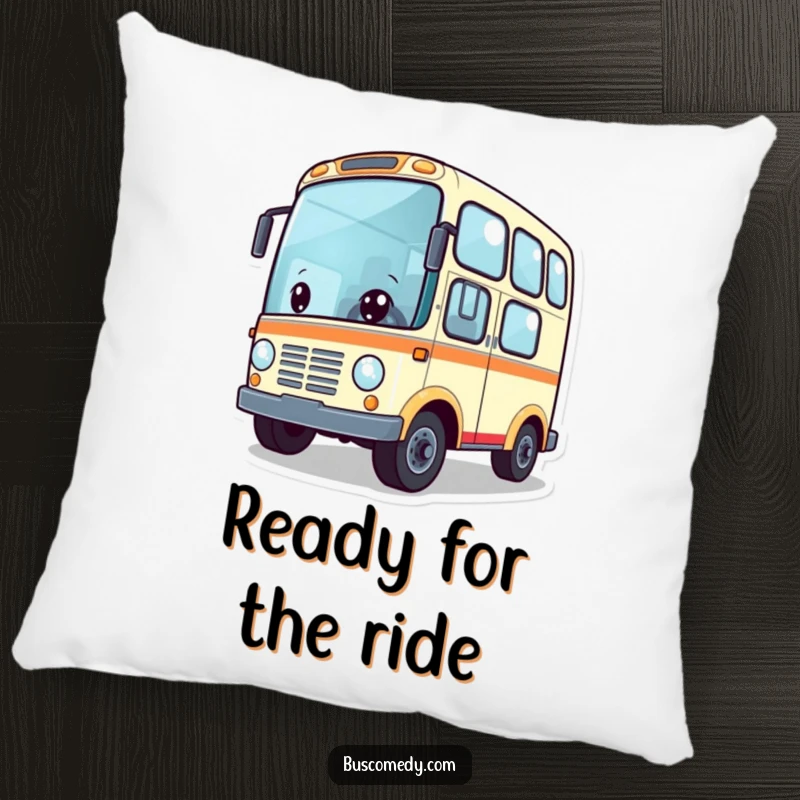 Funny pillow with a cute bus character with wheels spinning enthusiastically, ready for adventure. This decorative cushion adds a playful touch.