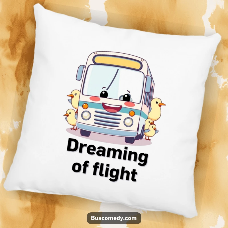Funny pillow: A smiling bus being towed by a flock of happy birds, offering a humorous and comforting decorative accent.