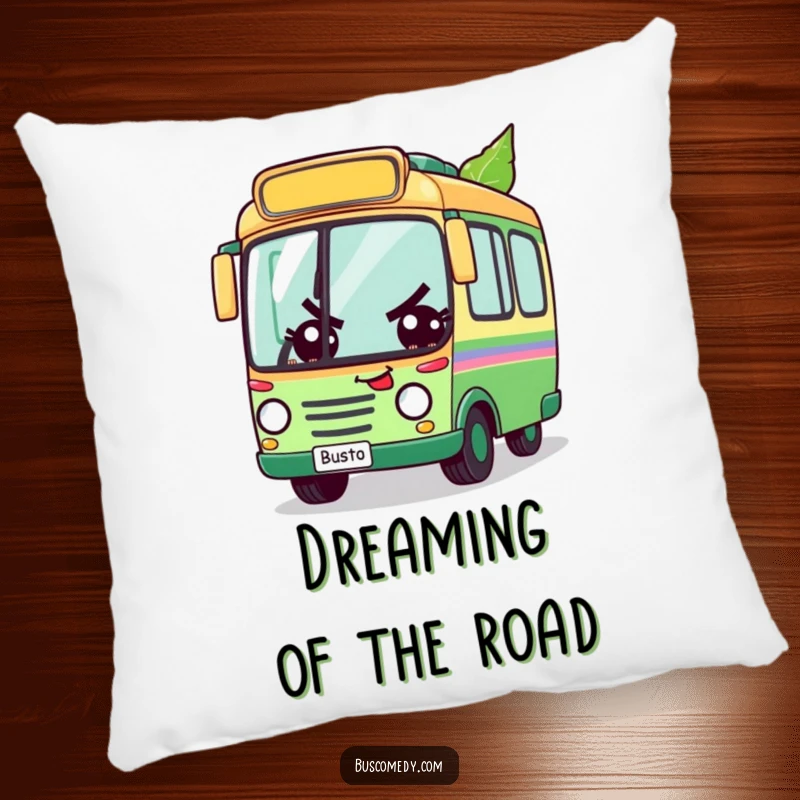Funny pillow featuring a determined bus character racing a leaf, offering comfort and motivation with a humorous touch, an ideal funny gift.