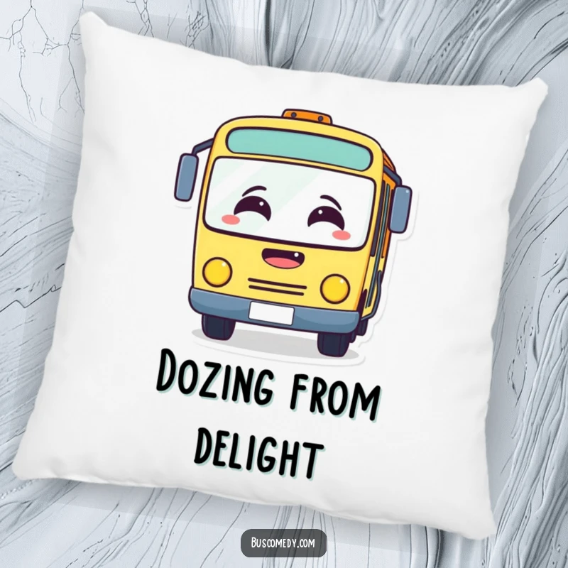 Funny pillow with a bus character whose windshield is fogged up due to extreme laughter. This decorative cushion is full of comedic charm.