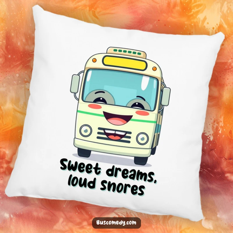 Funny pillow featuring a bus with a wide grin, playfully honking its horn, adding a cheerful touch to any space.