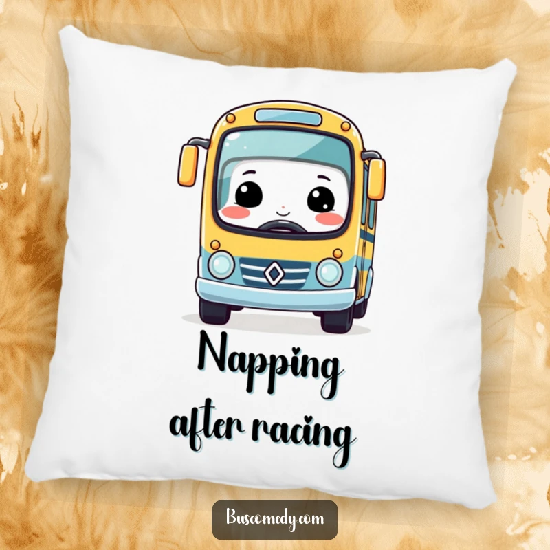 Funny Kawaii Bus Pillow with a big smile, driving a miniature race car, offering comfort and cheerful vibes.