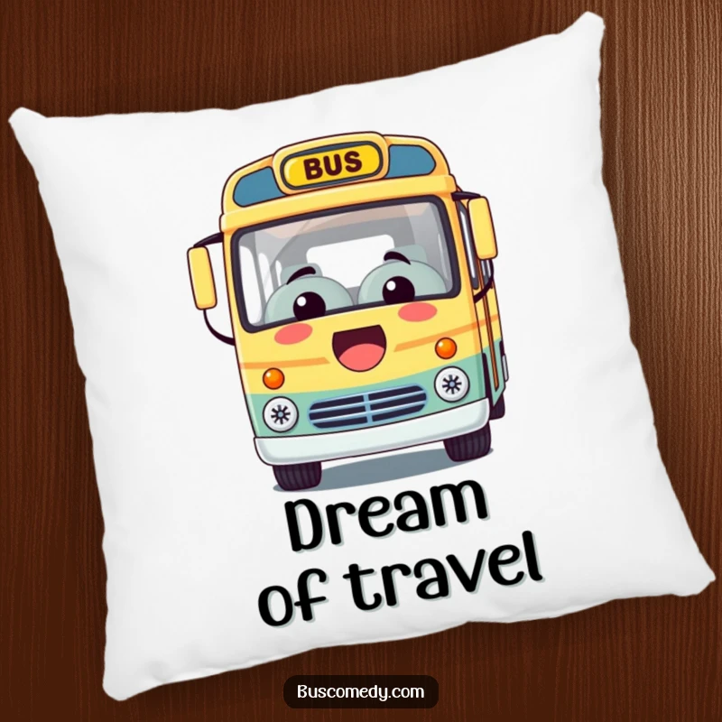 Funny pillow with a Kawaii bus character that has a huge, friendly smile, offering a comforting and joyful presence.