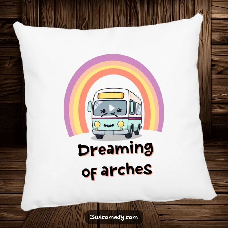 Funny kawaii bus character with a big smile, joyfully driving through a vibrant rainbow arch, on a plush and comfortable decorative pillow.