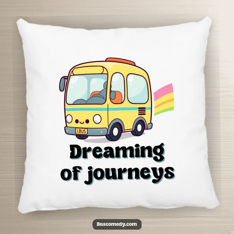 Funny Kawaii Bus Pillow: Soft, decorative pillow featuring a smiling kawaii bus character joyfully traveling across a colorful rainbow.