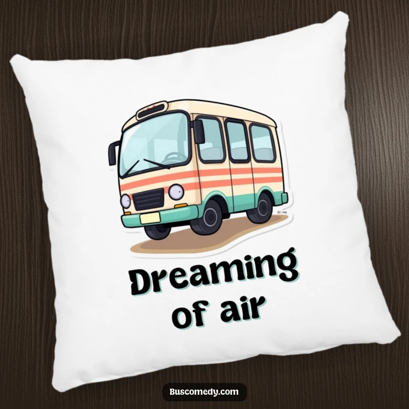 Funny Pillow featuring a little bus character driving with one tire slightly off the ground, soft and decorative.