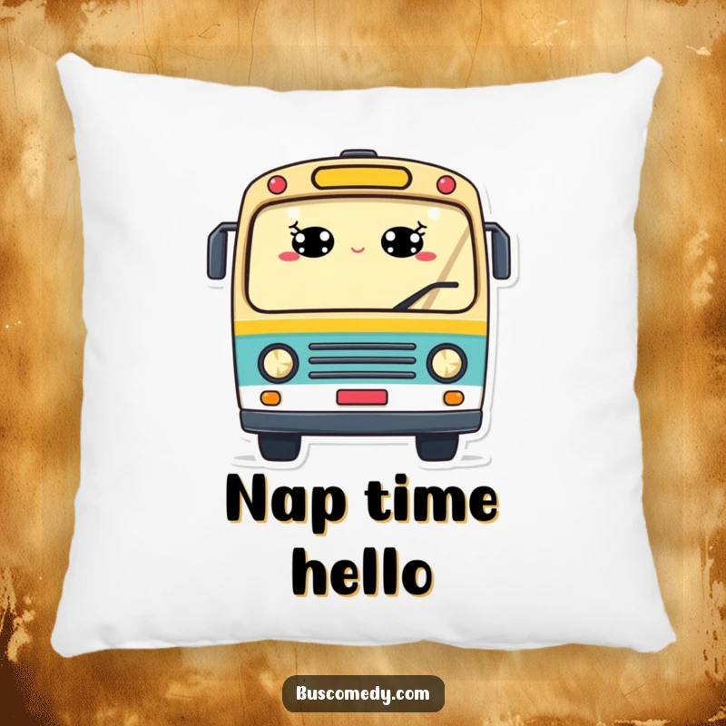 Funny pillow with a cheerful bus character, windows like smiling eyes, and a waving hand, offering comfort and friendly automotive charm.