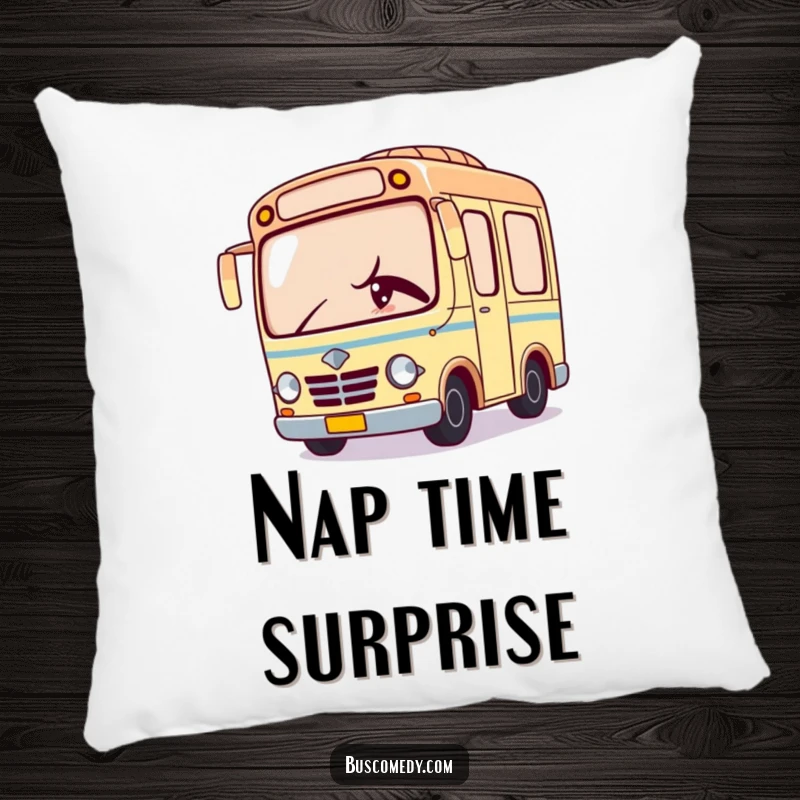Funny pillow featuring a Kawaii bus character peeking with a cheeky wink, bringing a playful vibe to your comfort.