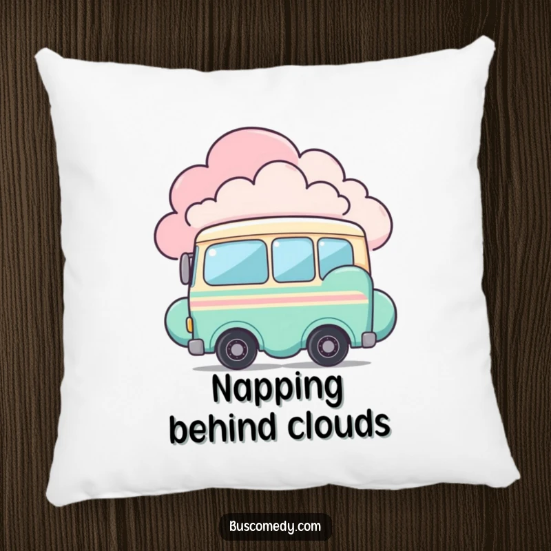 Funny pillow with a shy bus character peeking from behind a colorful cloud. This decorative cushion brings a sense of quiet charm.