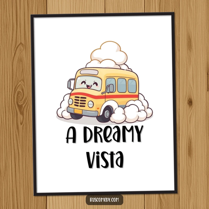 Funny digital art print of a bus character joyfully rolling into a fluffy cloud, captured mid-giggle.
