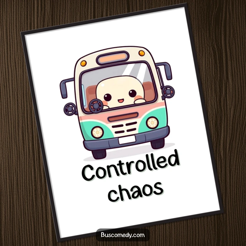 Funny digital art print of a Kawaii bus character juggling tiny steering wheels with its window eyes, showcasing impressive skill.