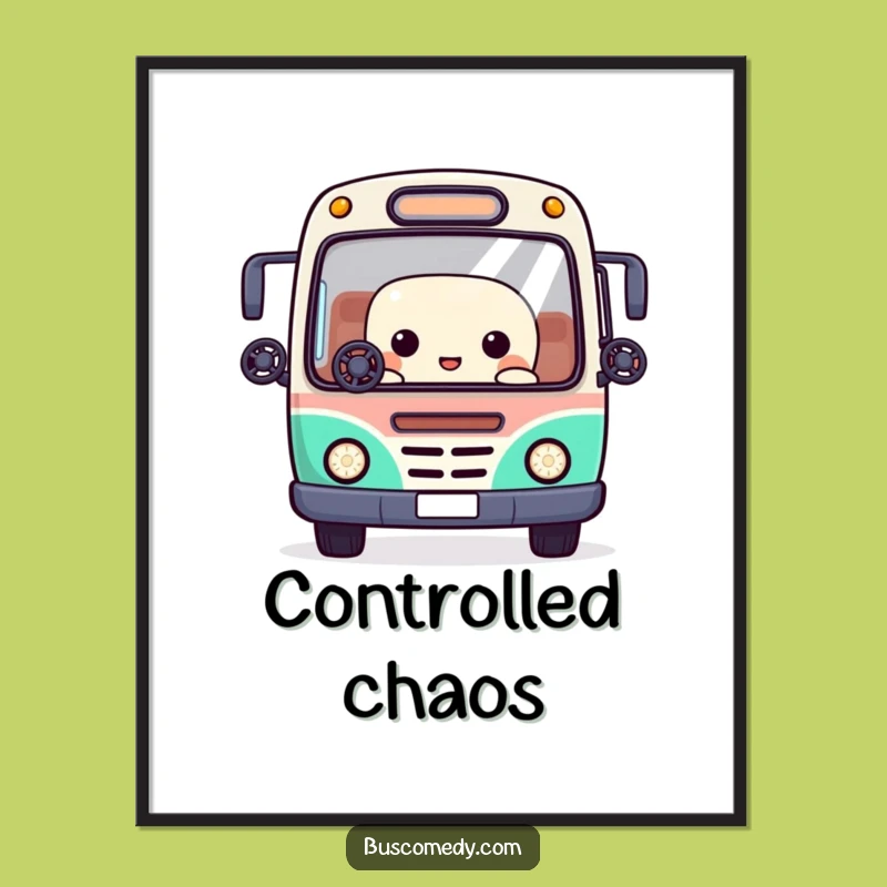 Funny Kawaii Bus Digital Art: Juggling Steering Wheels Character