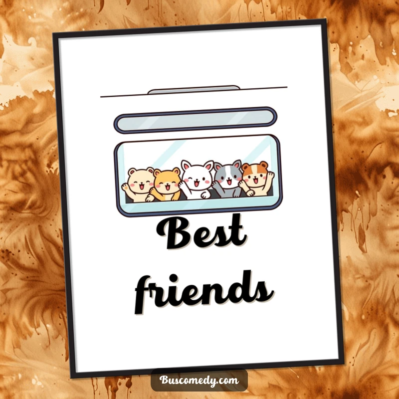 Funny printable digital art of smiling animal passengers waving from a bus window, bringing instant cheer and cuteness.