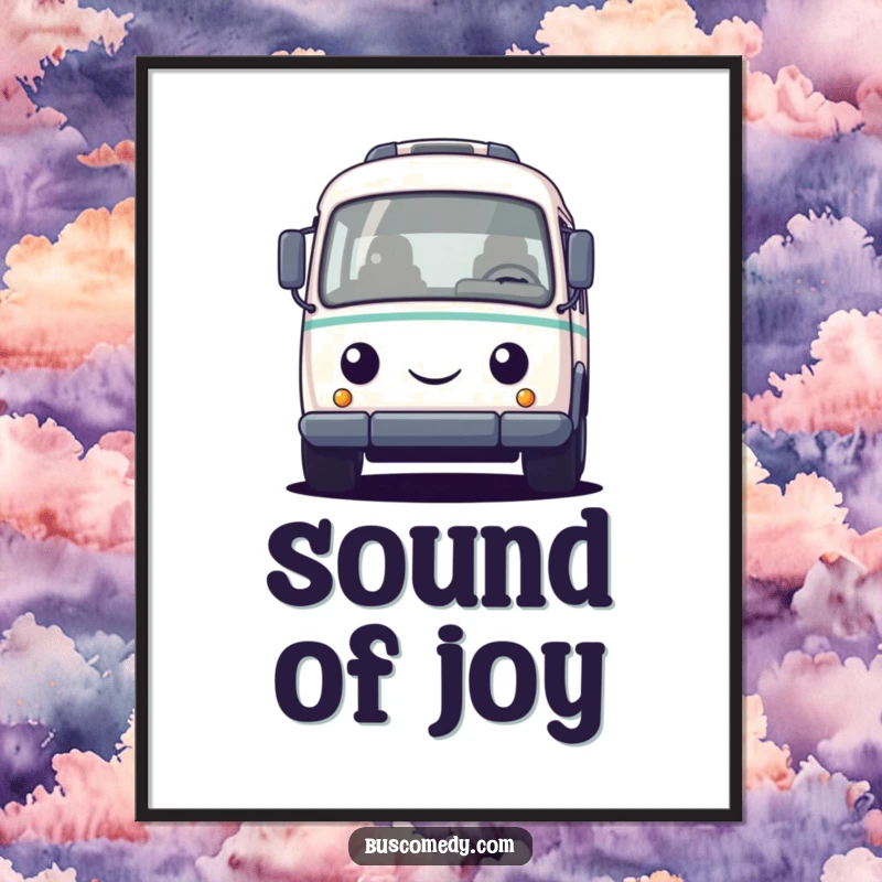 Funny digital art print of a small, round bus character with a friendly face, honking its horn to spread cheerful automotive humor.