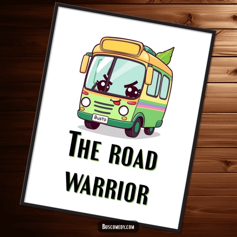 Funny digital art print of a determined bus character racing a leaf, perfect for motivational decor with a quirky humorous touch, a downloadable funny gift.