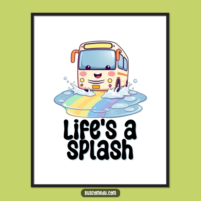 Funny Kawaii Bus Digital Art: Rainbow Splash Print, Playful Decor