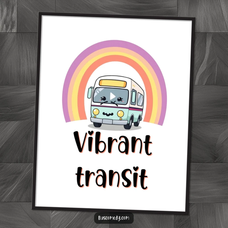Funny kawaii bus character with a big smile, joyfully driving through a vibrant rainbow arch, available as a high-resolution digital art print.