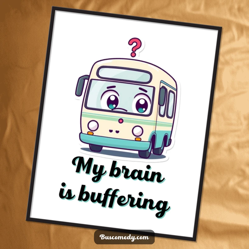 Funny Kawaii Bus Digital Art Print: A kawaii bus character with wide, surprised eyes and a question mark, creating a sense of wonder.