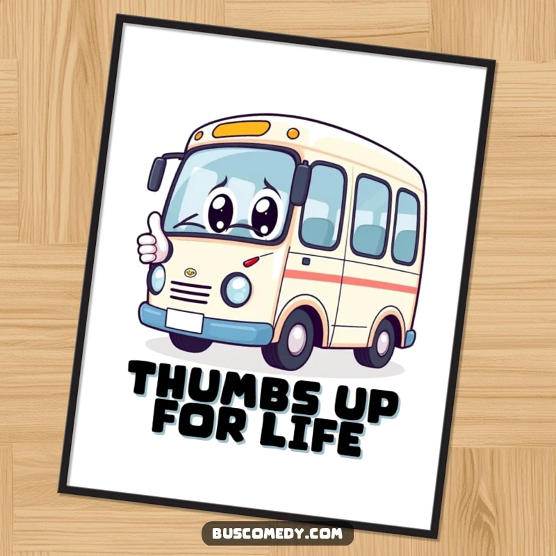 Funny Digital Art Print: Kawaii bus character with big eyes, giving a thumbs up, downloadable art for instant cheer.
