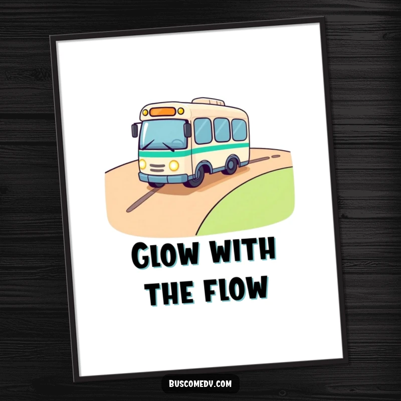 Funny digital art print of a cute bus character rolling downhill, its headlights twinkling with infectious excitement, a charming adventure scene.