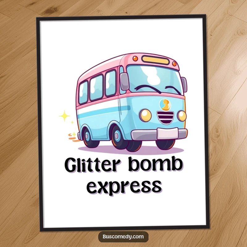 Funny Kawaii bus digital art print, a bus with spinning wheels leaving a sparkle trail, whimsical.