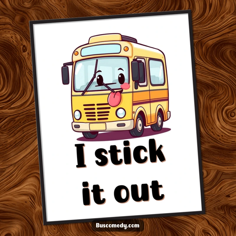Funny digital art of a bus character sticking its tongue out, a humorous and playful printable graphic.
