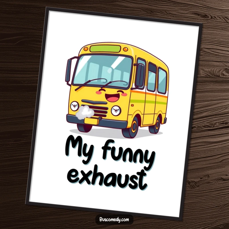 Funny Digital Art Print of a bus character laughing heartily, steam puffing from its exhaust, vibrant and comical.