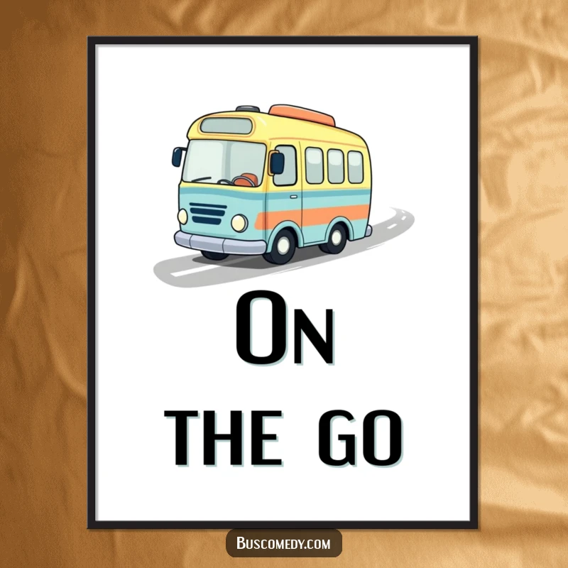 Funny digital art print of a little bus in a jaunty hat speeding down a wavy road, offering instant automotive adventure.