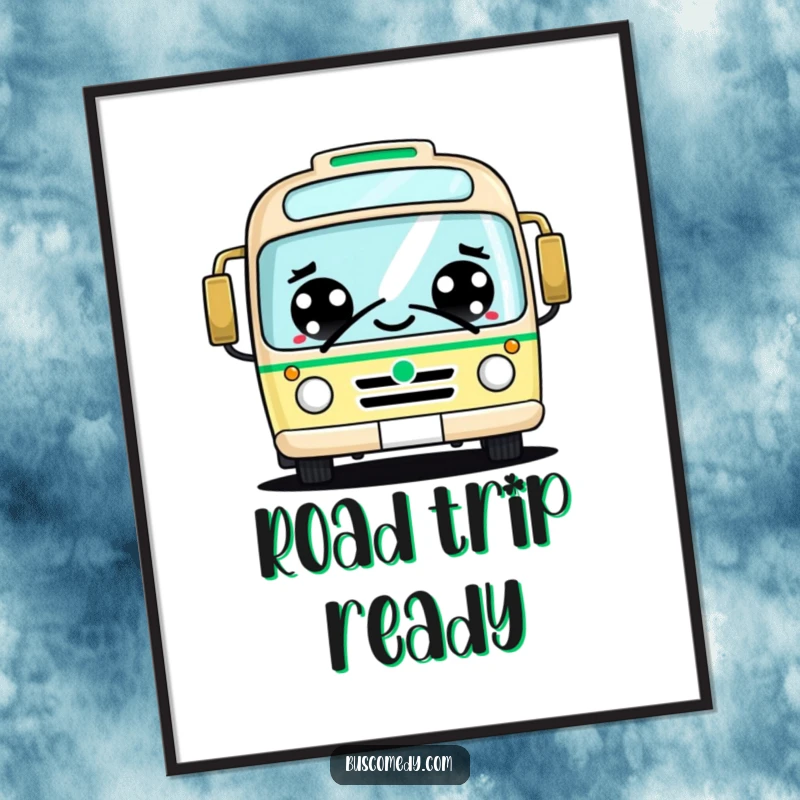 Funny kawaii bus digital art print, big cheerful eyes, friendly honking character, instant downloadable joy.