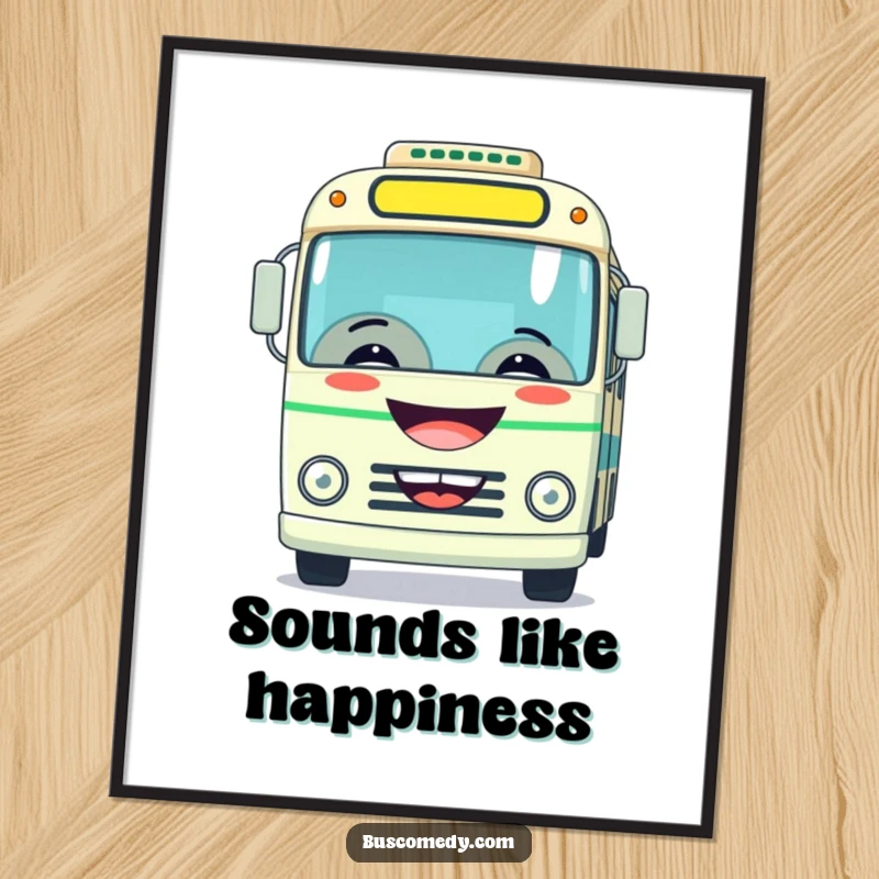 Funny digital art print of a bus with a wide grin, playfully honking its horn, radiating cheerful energy.