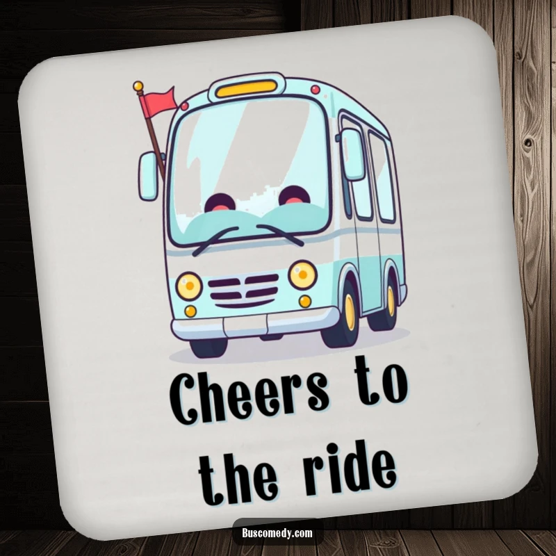 Funny Kawaii bus drink coasters, a cheerful bus character waving a flag, protecting surfaces with joy.