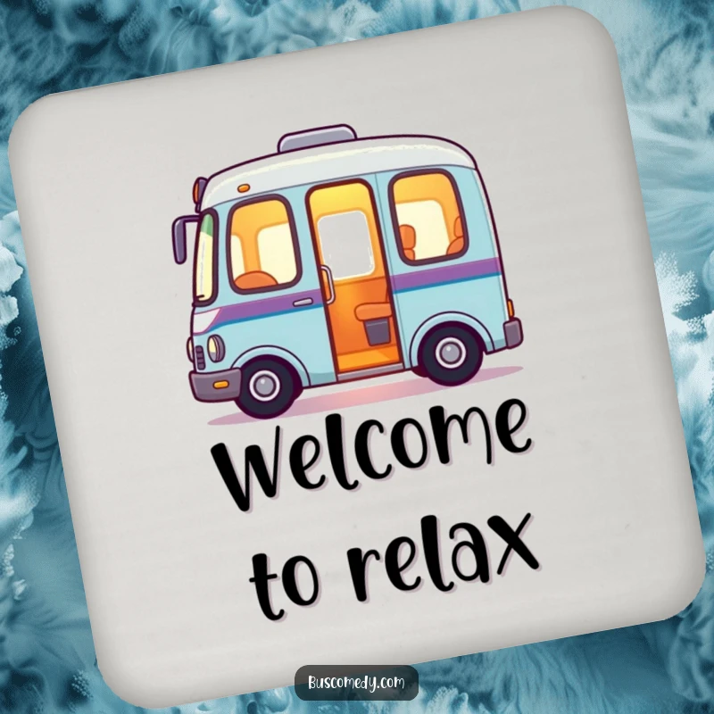 Friendly bus drink coaster with a warm, inviting glow emanating from its interior, symbolizing comfort and welcome.
