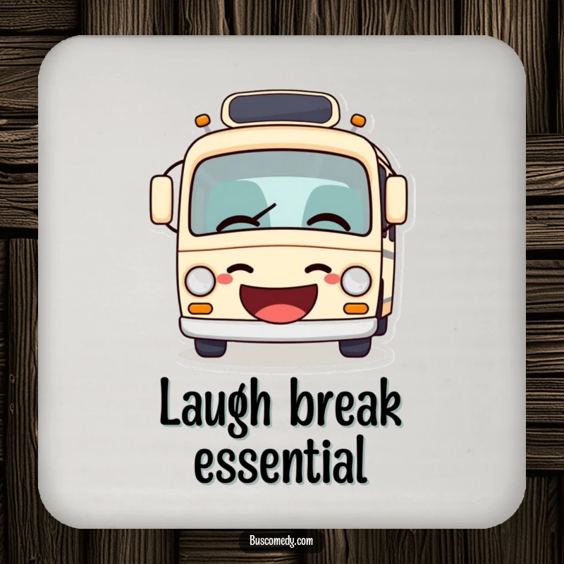 Funny bus drink coaster, a protective surface with a giggling bus character humorously telling a joke.